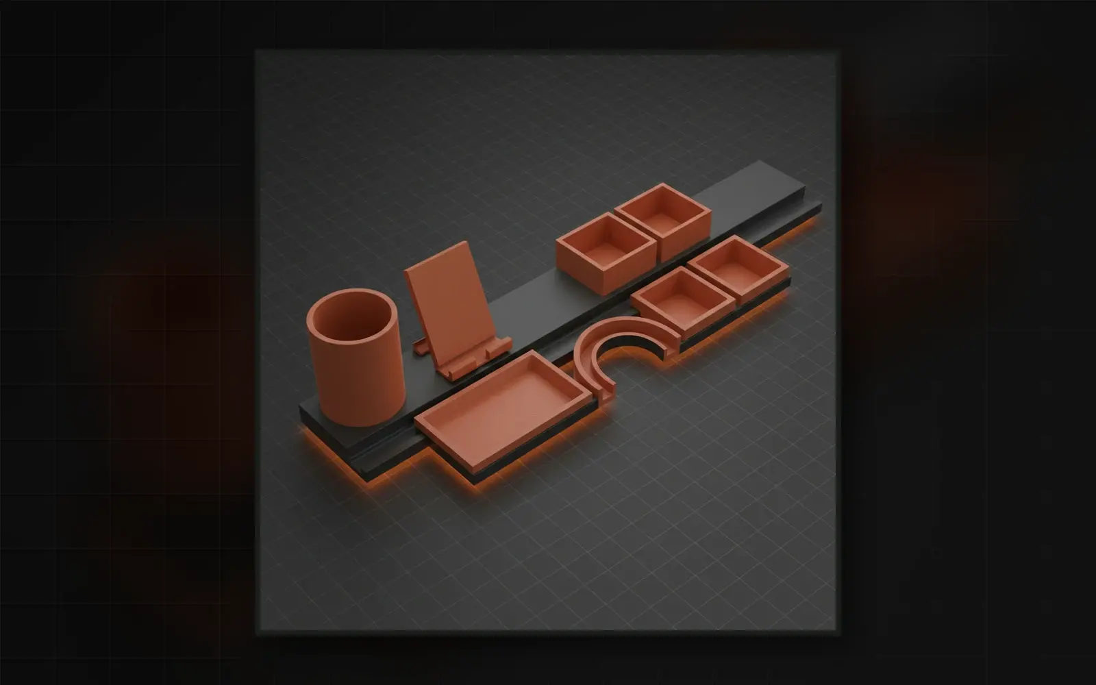 Konzept-Rendering eines modularen Bürotisch-Organizers in Graphit und Orange