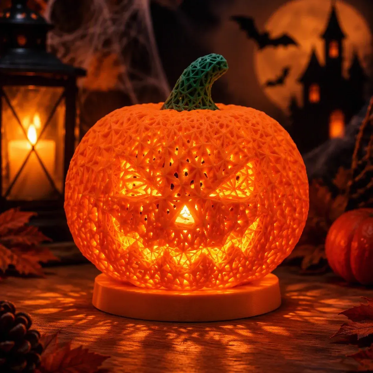Leuchtender Halloween-Kürbis aus 3D-Druck mit orangefarbenem Dreiecksnetz, grünem Stiel und runder Base
