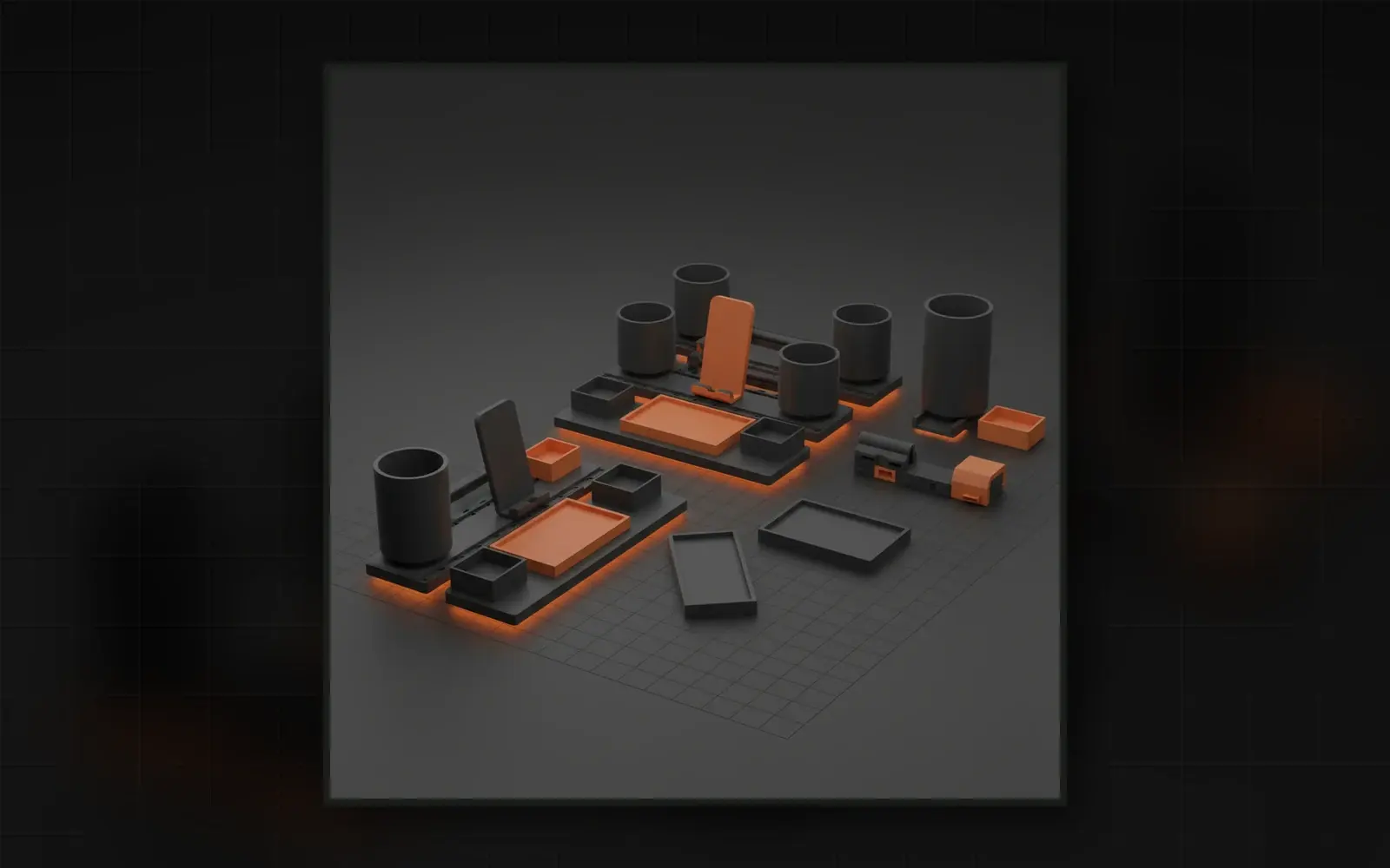 Konzept-Rendering verschiedener Anordnungen eines modularen Bürotisch-Organizers